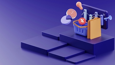 A purple background with a basket of items and a target, representing e-commerce growth