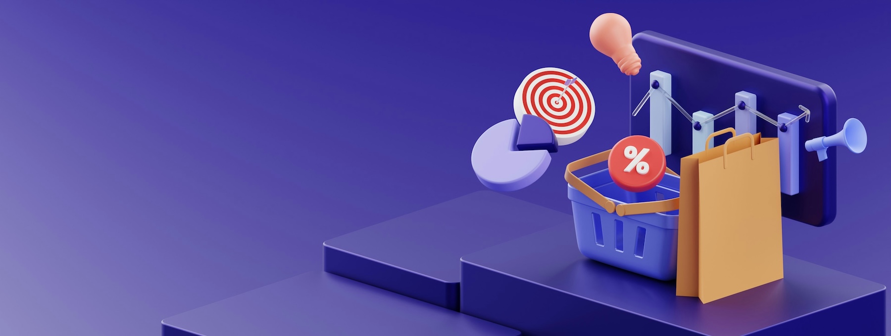 A purple background with a basket of items and a target, representing e-commerce growth